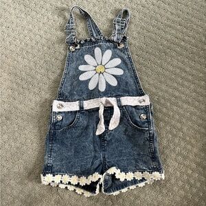Girls' Denim Daisy Short Overalls - Blue with White Floral Trim